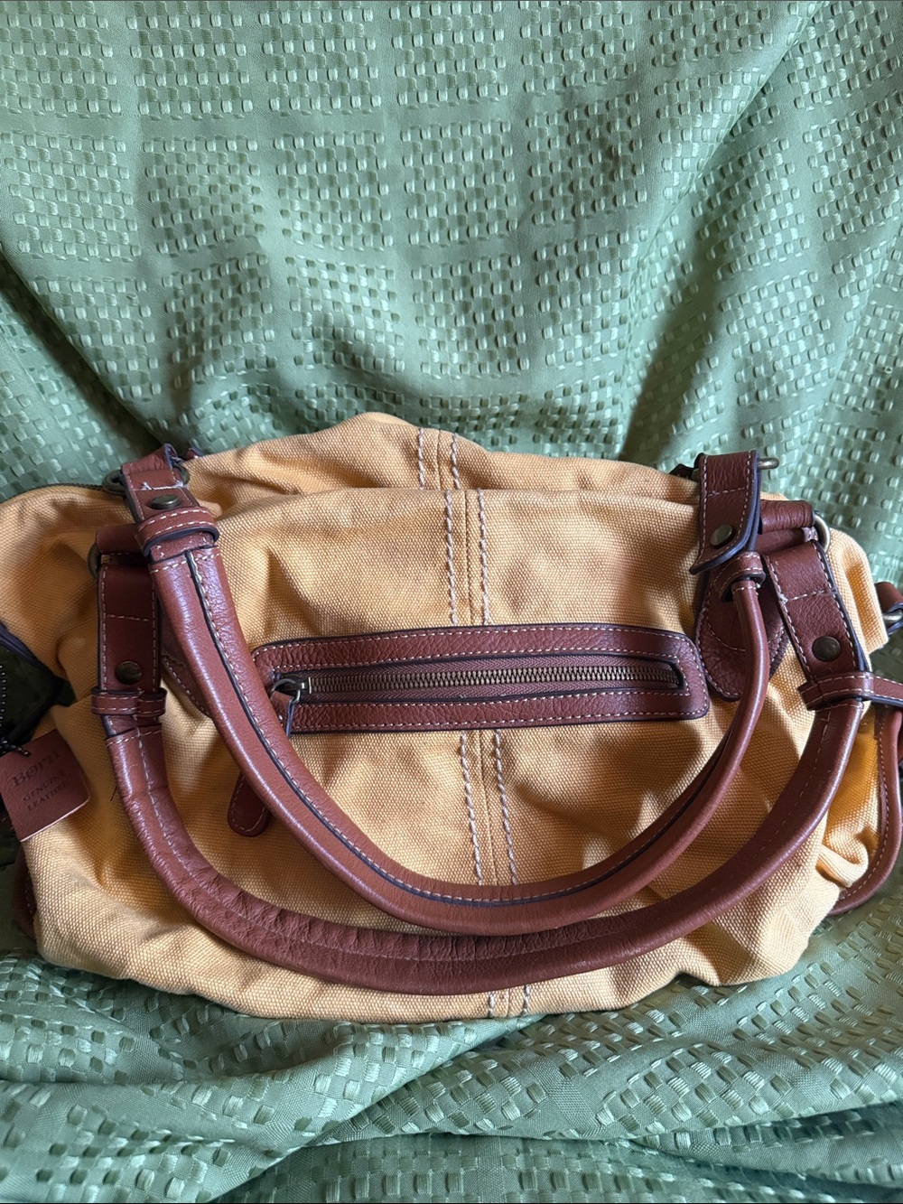 BORN Women’s  Canvas Tote Bag with Brown genuine Leather Trim - Mustard